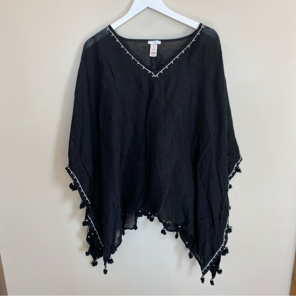 J Jill Linen Blend Cover Up Tunic One Size Black Tassels